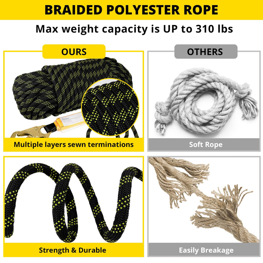 TRSMIMA Rope Harness Safety Lanyard：100ft Vertical Roofing Rope with Grab Snap Hooks Shock Absorber - Fall Protection Tree Climbing Line Kit Heavy Duty Roof Safety Equipment ANSI CE
