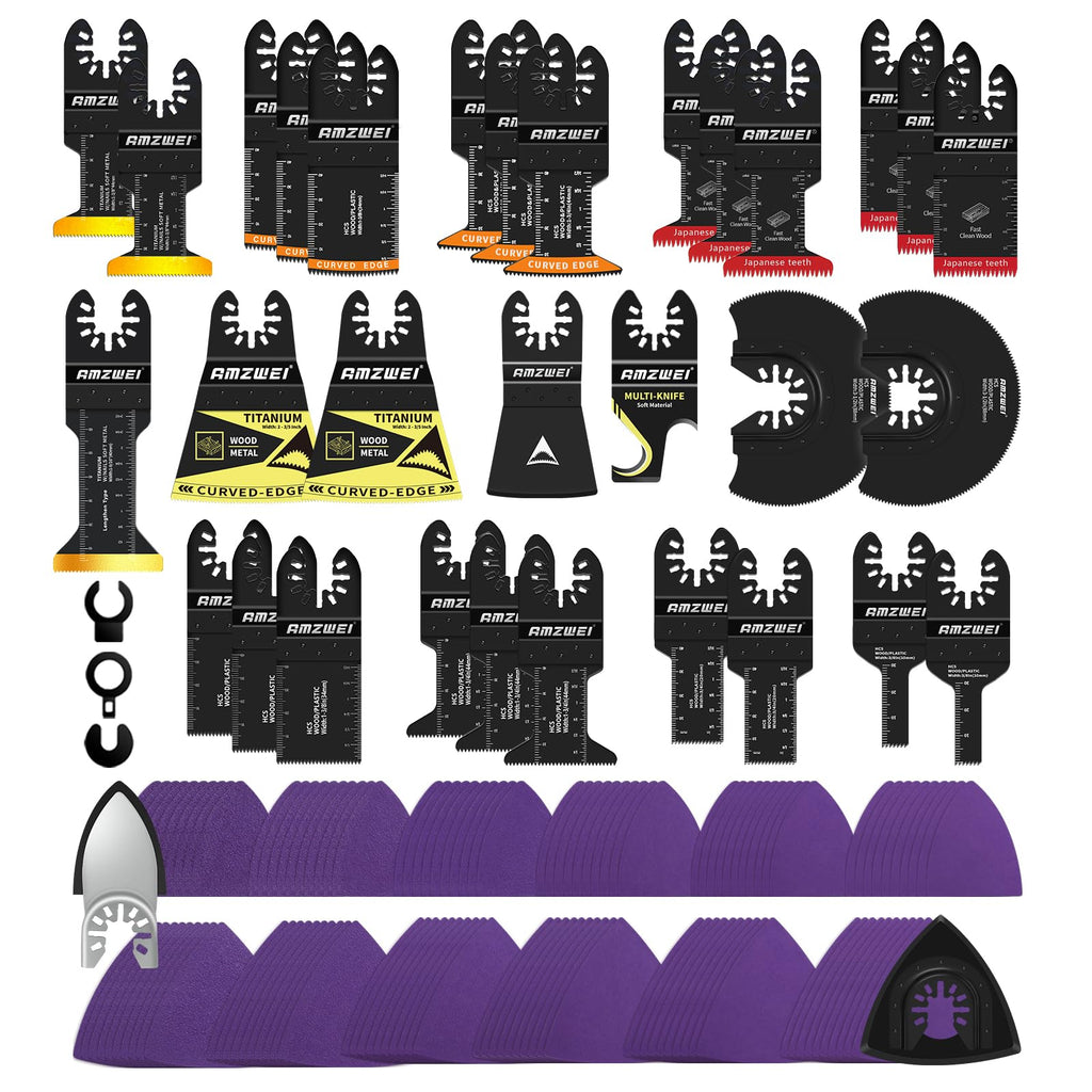 AMZWEI 153PCS Upgraded Multitool Blades Oscillating Tool Accessories with Sandpaper, Hook Knife, Titanium Saw Blades for Wood Metal Plastic Cutting, Compatible with Dewalt Ryobi Milwaukee Rockwell