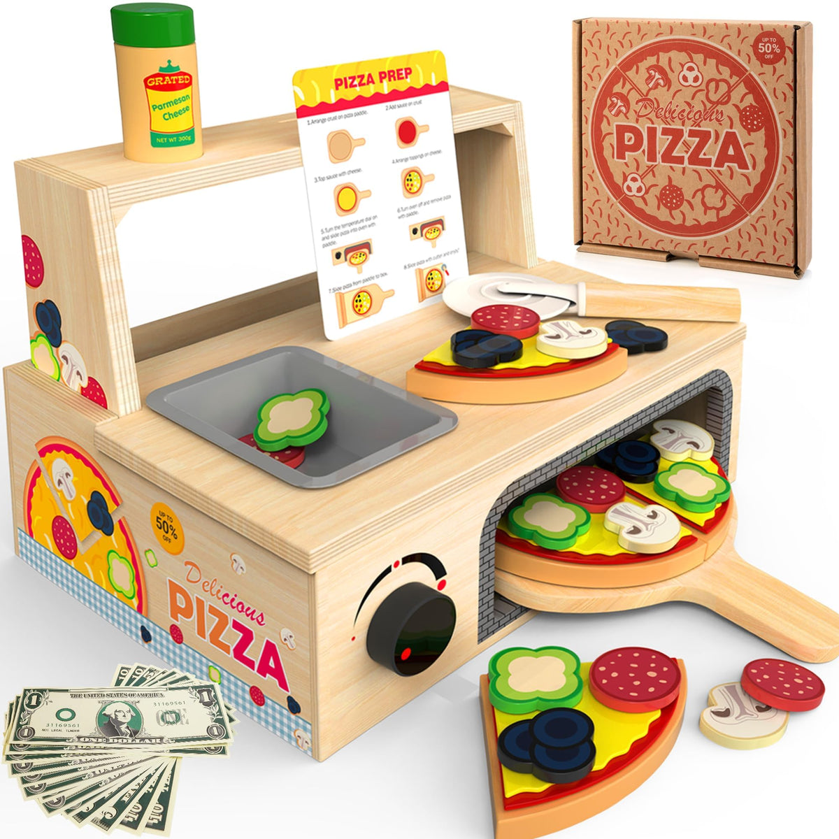 WOODMAM Wooden Pizza Toy, 48 PCS Montessori Pretend Play Food for Ages 3+