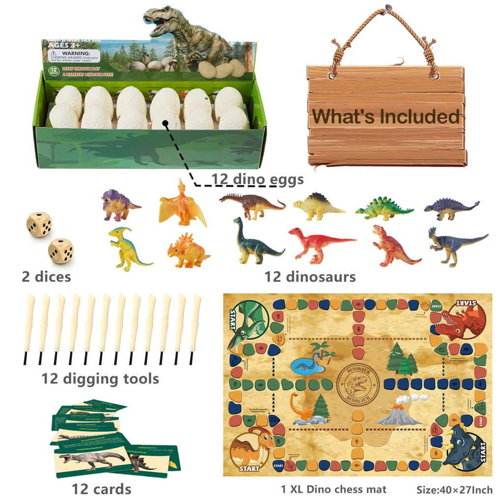 Dino Fossil Eggs Dinosaur Toys - 12 Dinosaur Eggs Dig Excavation Kit w Play Mat for Kids Ages 5-7 Easter Basket Essentials STEM Toy Christmas Birthday Gift for Boys Girls 3 4 5 6 7 8 + 8-13 Years Old