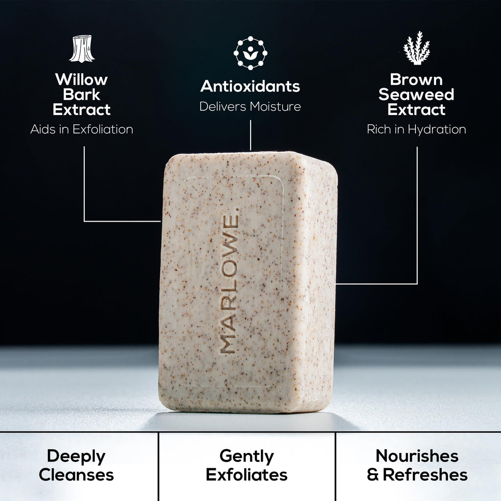 MARLOWE. No. 102 Body Scrub Soap 7 oz (3 Bars), Exfoliating Soap Bar with Shea Butter, Olive Oil & Green Tea Extracts, Cleanses, Smooths & Revitalizes Skin, Original Sage & Fir Scent