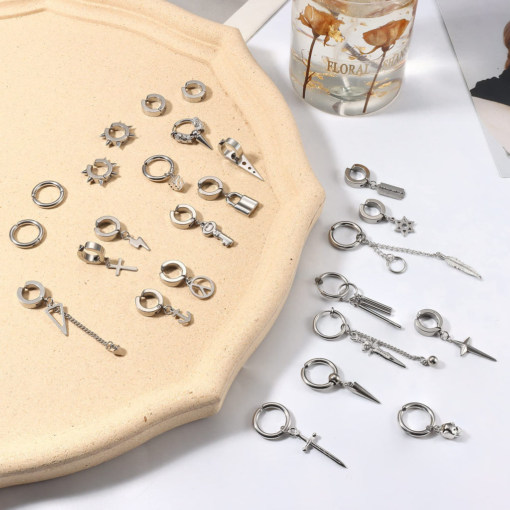 THUNARAZ 25Pcs Clip on Earrings for Men Cross Dangle, Fake Earrings