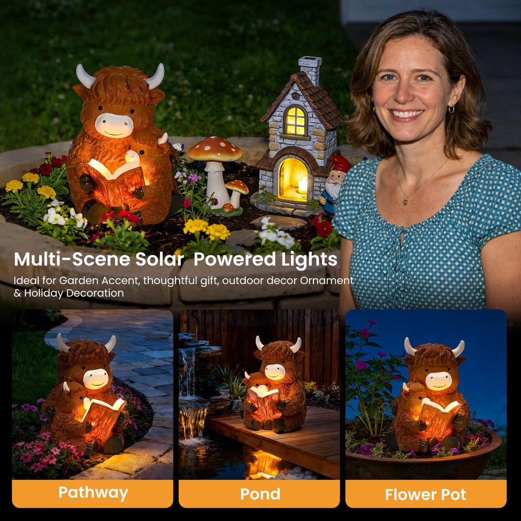 GIGALUMI Solar Highland Cow Decor Garden Statue, Cow Outdoor Ornament
