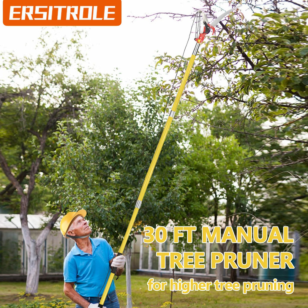 Ersitrole Manual Pole Saw, 30 ft Extendable Tree Pruner, Sharp Steel Blade and Scissors High Branches Trimming, Pole Saws for Tree Trimming, Tree Trimmers Long Handle Pruner