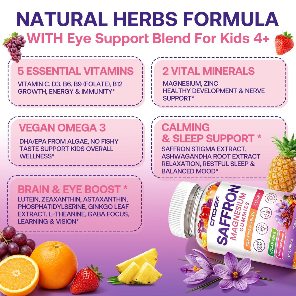 Saffron Gummies Kids & Adults, Mixed Fruit Flavor Sugar Free, Saffron Magnesium Supplements with 88.5mg Saffron Extract, B6, D3, Lutein, Omega-3, Brain, Focus, Calm & Vision Support, Vegan, 60 Counts