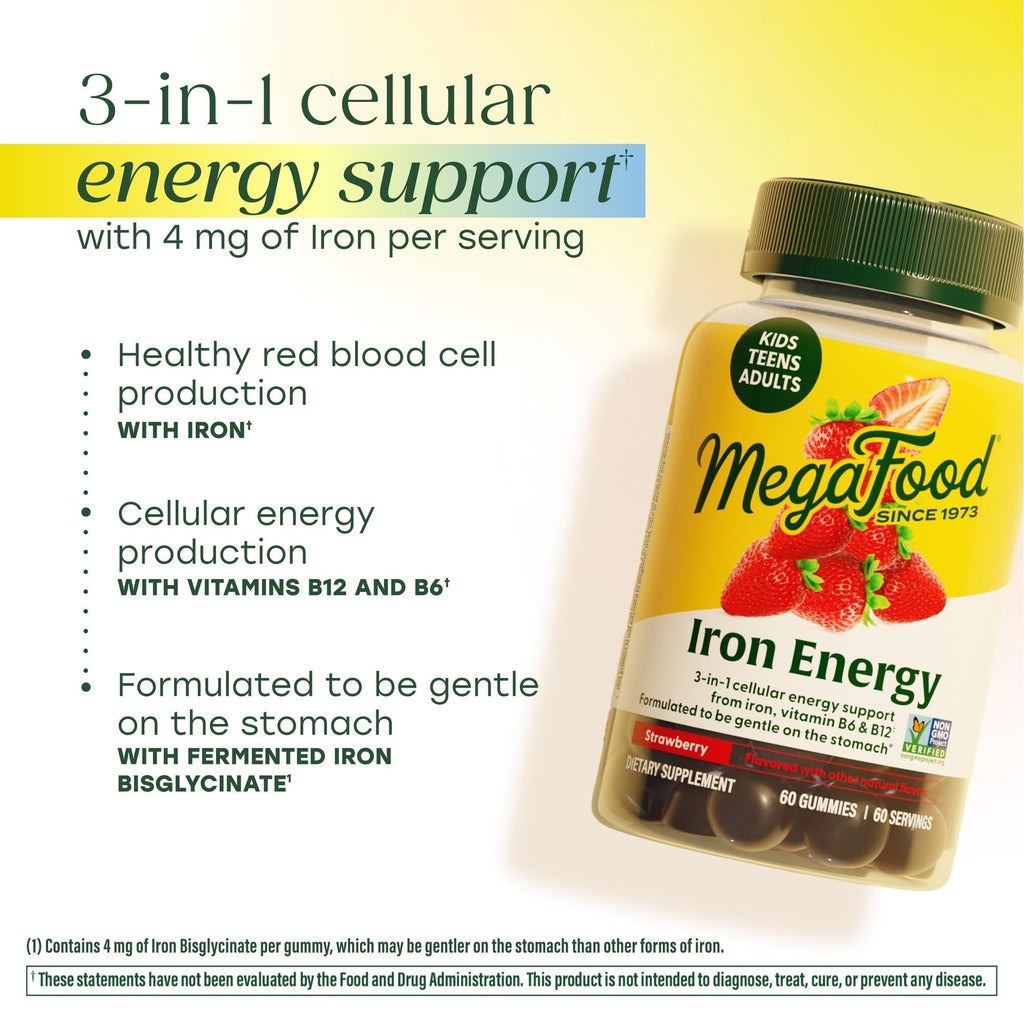 Megafood Iron Energy Gummies, Iron Supplement for Women, Men, Teens & Kids with Vitamin B12 & B6, Vitamins, from The Makers of Blood Builder Supplement, Strawberry Flavor, 60 Count