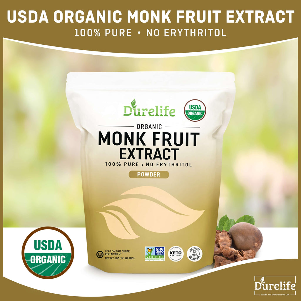 Durelife Organic 100% Pure Monk Fruit sweetener, No Erythritol, Monkfruit Extract Powder, USDA organic NON-GMO Project Verified, Keto Certified OU kosher No Fillers Zero Calorie Sugar Substitute 10 OZ