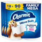 Charmin Ultra Soft Cushiony Touch 2-Ply Toilet Paper, 18 Family Mega Rolls = 90 Regular Rolls, White