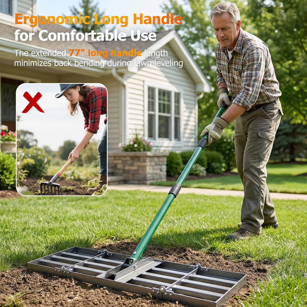 30"x10" Lawn Leveling Rake, Heavy Duty Lawn Leveler with 33"-77" Adjustable Handle, Foldable Ground Leveling Tool for Soil, Sand, Gravel, Ergonomic Design for Lawns, Golf Courses and Backyards
