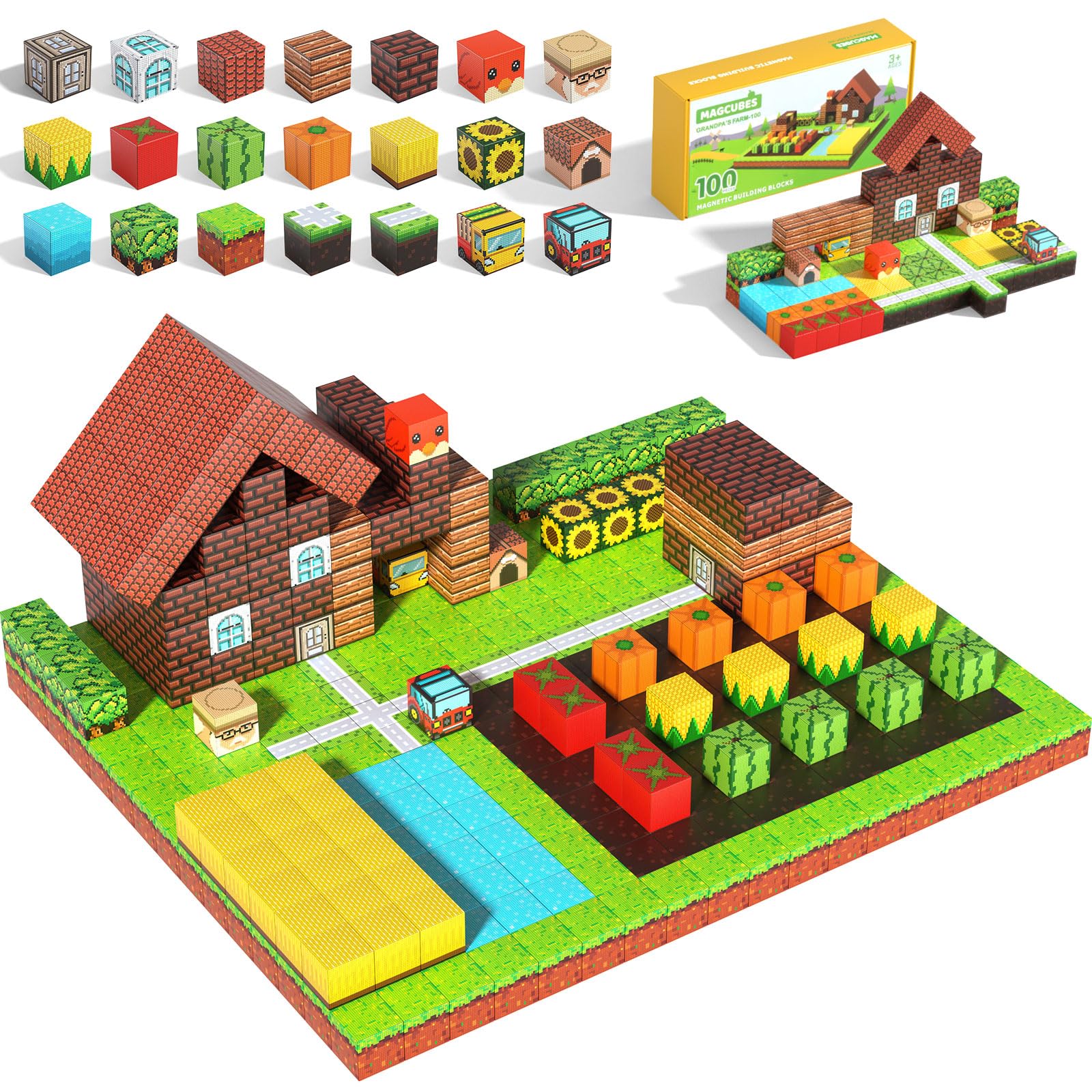 Dufvrpe Magnetic Blocks - 100PCS Idyllic Farm - 1" Creative Magnetic Building Cubes Set for Kids Ages 4-8