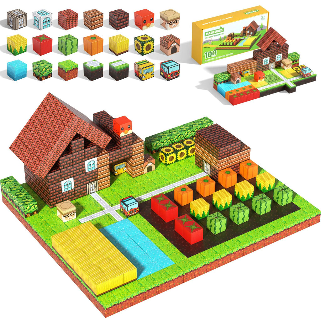 Dufvrpe Magnetic Blocks - 100PCS Idyllic Farm - 1" Creative Magnetic Building Cubes Set for Kids Ages 4-8