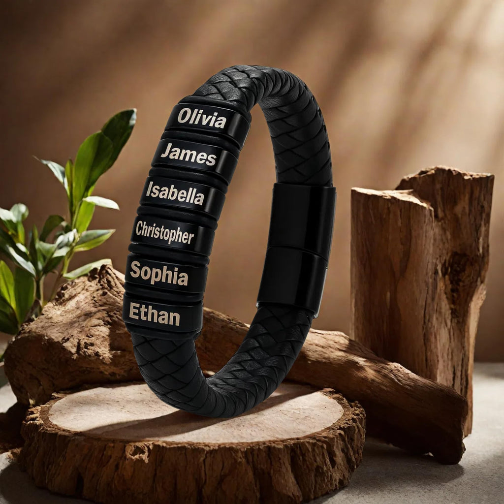 Tina&Co Personalized Men's Bracelet with 0–6 Name Beads – Black Braided Leather, Adjustable Sizes, Custom Gift for Dad, Husband, Son, Boyfriend