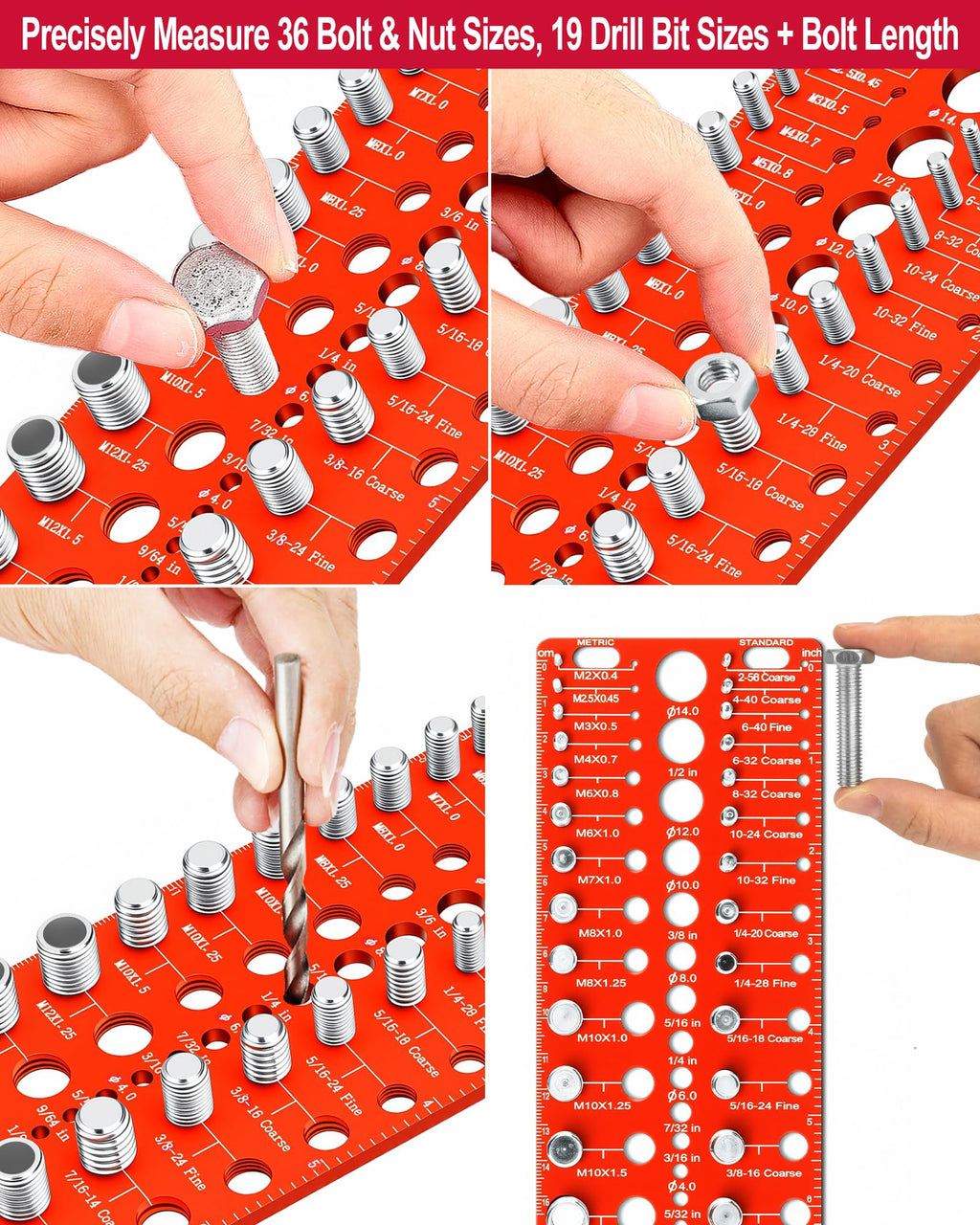 Manalete Thread Checker, 55 Nut and Bolt Thread Checker, Screw Size and Thread Identifier Gauge with 19 Standard & 17 Metric &19 Drill Bit Gauges, Bolt Size Finder for Quickly Identify Thread Sizes
