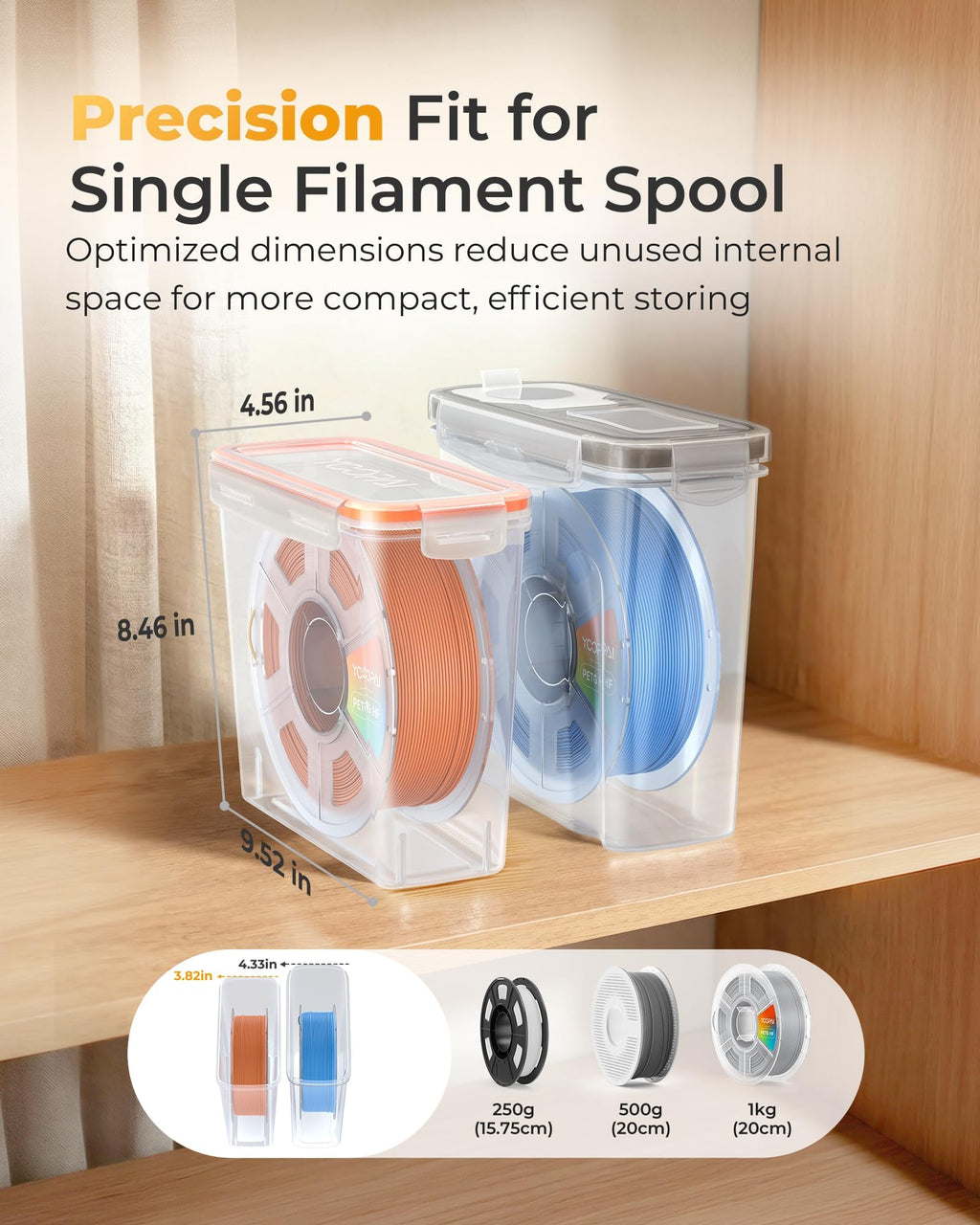 YOOPAI Pro Filament Storage Box – Precision-Fit Airtight Container for Single 1KG Spools, Flat-Lid Design for Stable Stacking, Premium Desiccant Moisture Control, 3D Printer Filament Storage 8 Pack
