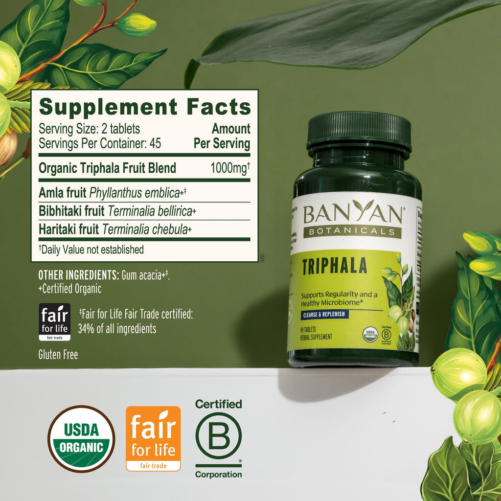 Banyan Botanicals Organic Triphala Tablets - Gentle Daily Digestion & Colon Cleanse Support - Amla, Haritaki, Bibhitaki - Healthy Elimination, Detox & Gut Microbiome - 90 Tablets - Non-GMO, Vegan*