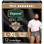 Depend Real Fit Adult Diapers, Incontinence Underwear for Men, Disposable, Maximum Absorbency, Large/Extra Large, Grey, 12 Count, Packaging May Vary