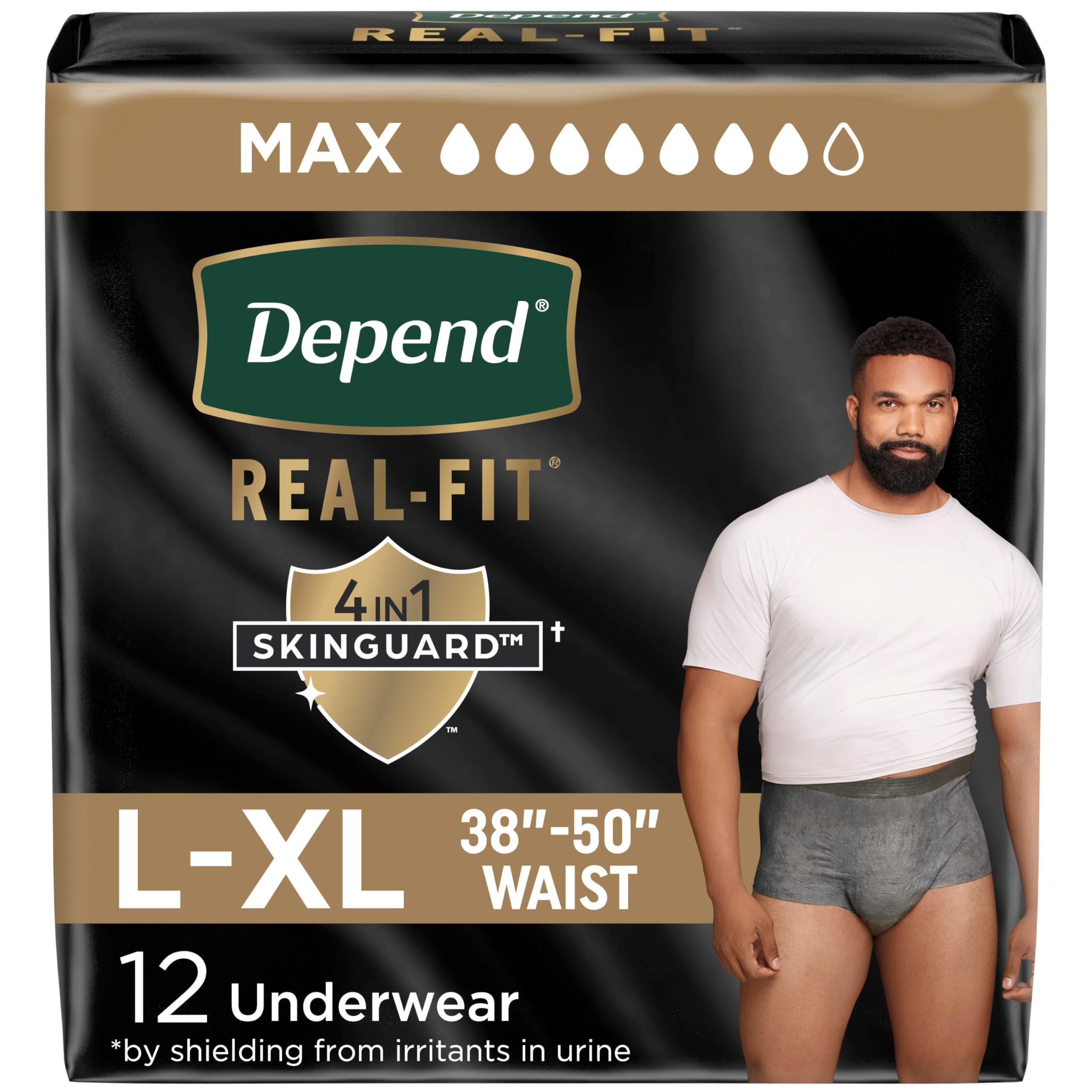 Depend Real Fit Adult Diapers, Incontinence Underwear for Men, Disposable, Maximum Absorbency, Large/Extra Large, Grey, 12 Count, Packaging May Vary