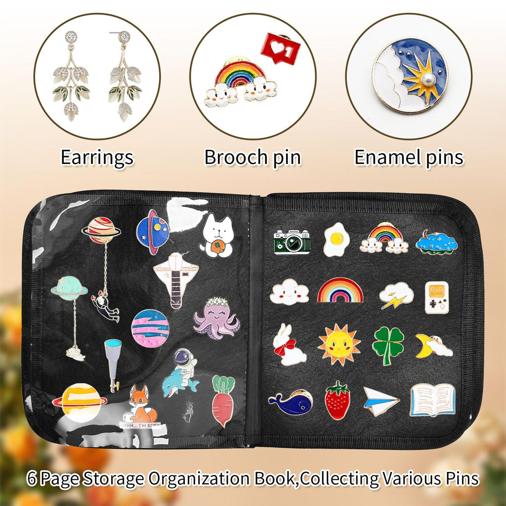 BOHEMIABY Enamel Pin Display Book, Small Collections Travel Pin Trading Book, Brooch Pin Lover Collector Bag, 6-Page Lapel Pin Display Board with Protective Film, Handles and Shoulder Strap, Black