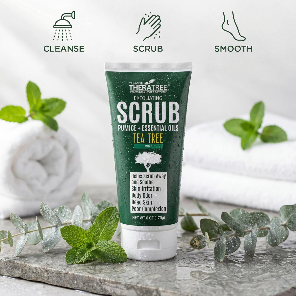 Oleavine TheraTree Tea Tree Oil Exfoliating Body Scrub - Deep Cleansing Foot & Body Charcoal Scrub with Peppermint, Spearmint & Neem - Soothing Exfoliator for Healthy-Looking Skin, 6 oz