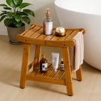 Aollewoiti Bamboo Shower Bench Stool with Storage Shelf, Waterproof Shower Seat for Shaving Legs, 2-Tier Bathroom Bench Spa Seat Non-Slip, Shower Chair for Bathroom, Indoor, Outdoor Use, Brown