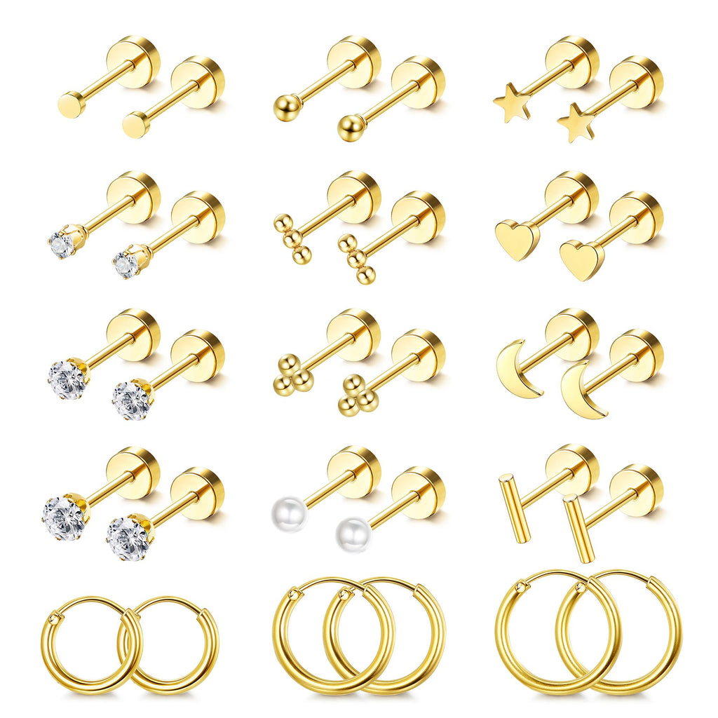 LOLIAS Hypoallergenic Surgical Steel Earrings for Sensitive Ears -14K Gold Plated Flat Back Earrings for Women Men- Small Stainless Steel Stud Hoop Earring Set Flatback Cartilage Earring Stacks