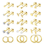 LOLIAS Hypoallergenic Surgical Steel Earrings for Sensitive Ears -14K Gold Plated Flat Back Earrings for Women Men- Small Stainless Steel Stud Hoop Earring Set Flatback Cartilage Earring Stacks