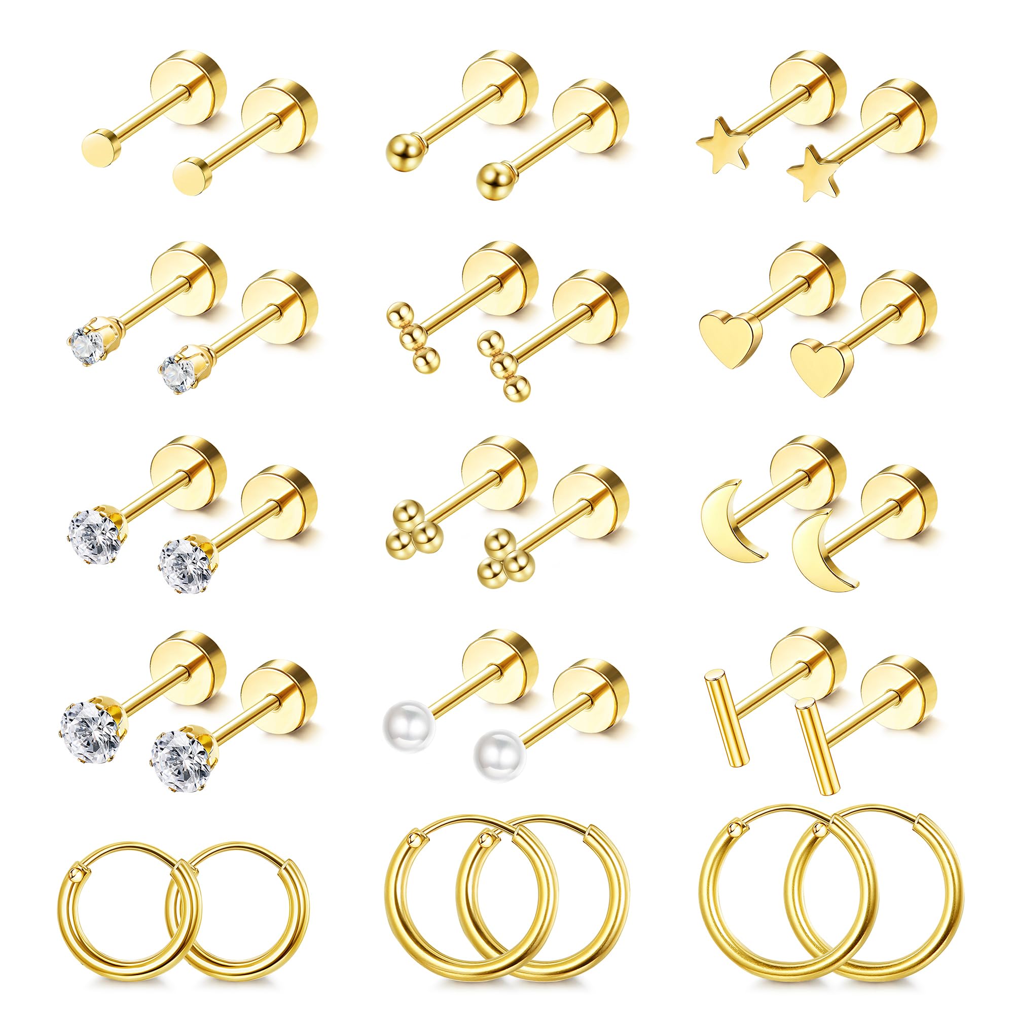 LOLIAS Hypoallergenic Surgical Steel Earrings for Sensitive Ears -14K Gold Plated Flat Back Earrings for Women Men- Small Stainless Steel Stud Hoop Earring Set Flatback Cartilage Earring Stacks