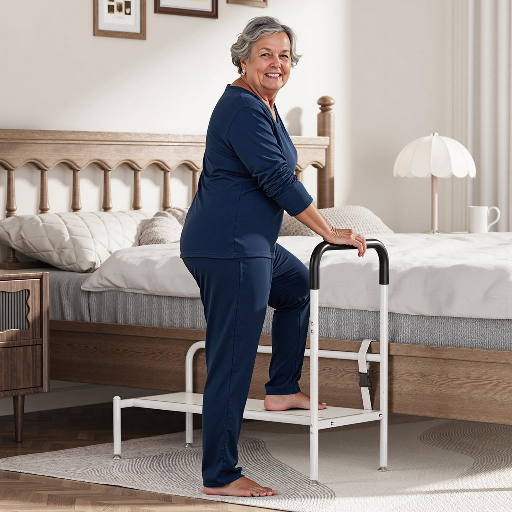 Josmimic Bed Step Stool for Adults, Bedside Steps for Elderly Seniors with Non-Slip Handle & LED Light, Stable Assist Rail for High Beds
