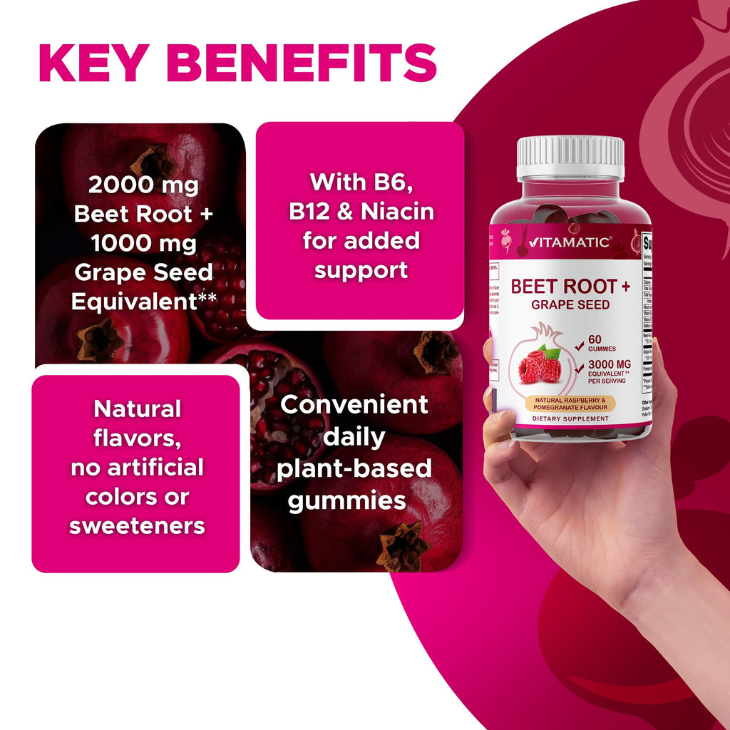 Vitamatic Beet Root Gummies - 3000mg Equivalent Per Serving - 60 Gummies - Made with Vitamin B6, B12, Grape Seed, Pomegranate & Nicotinamide (Pack of 2)