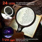 Magnifying Glass with Light Large 24 LED, 10X Handheld Illuminated Lighted Magnifier 1UV Light for Seniors, Close Work, Reading, Coins, Jewelry