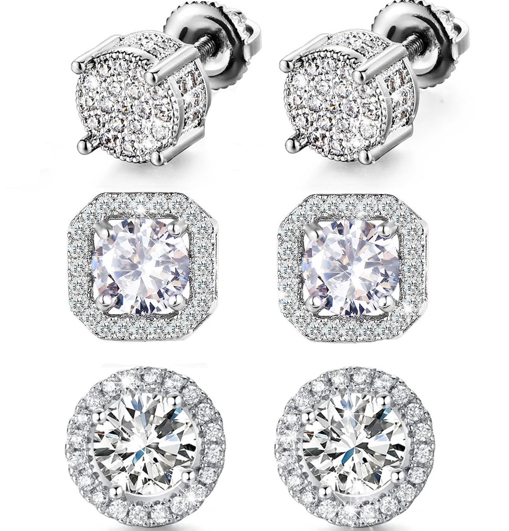 Stud Earrings for Men,18K White Gold Plated Round Square Cubic Zirconia Hypoallergenic Studs Earrings Set for Women (3 Pairs-A+B+C Silver)