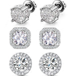 Stud Earrings for Men,18K White Gold Plated Round Square Cubic Zirconia Hypoallergenic Studs Earrings Set for Women (3 Pairs-A+B+C Silver)