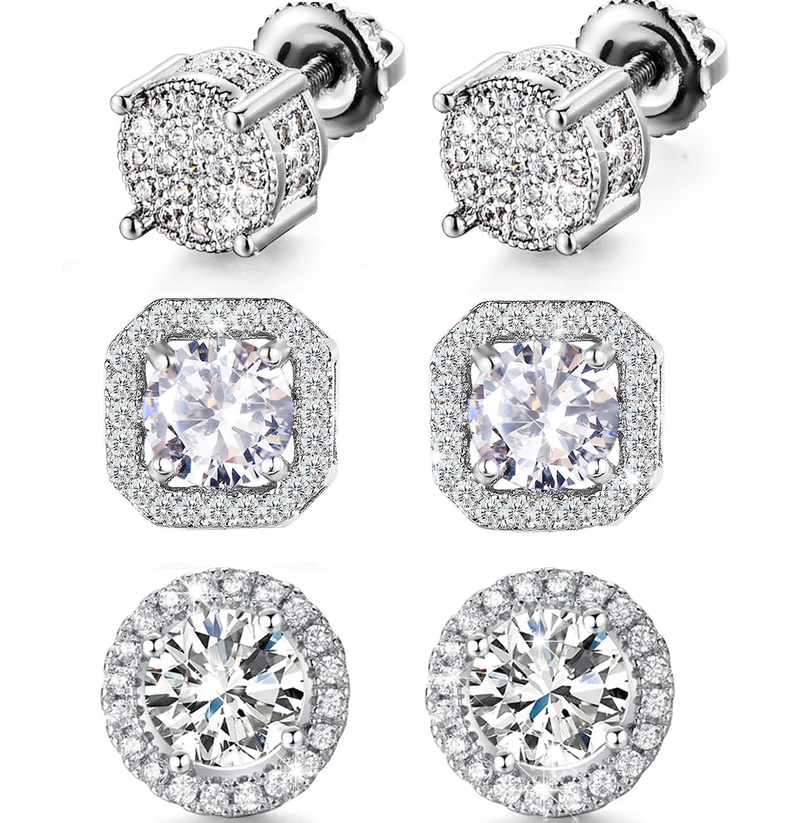 Stud Earrings for Men,18K White Gold Plated Round Square Cubic Zirconia Hypoallergenic Studs Earrings Set for Women (3 Pairs-A+B+C Silver)