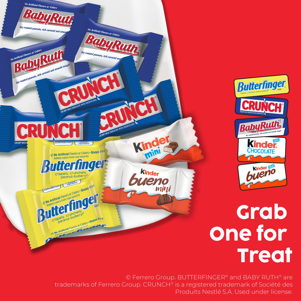 Butterfinger, CRUNCH, Baby Ruth, 100 Grand, Kinder Bueno, Kinder Chocolate, Halloween Candy Fun Size, 130 Minis, 36.9 oz