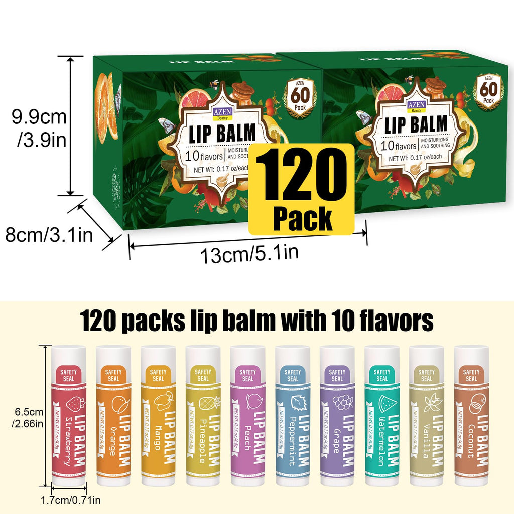 AZEN 120 Pack Lip Balm, Natural Lip Balm Bulk, Lip Care Product, Moisturizing Lip Balms for dry cracked lips, Valentines Gifts Easter Basket Stuffers - 10 Flavors