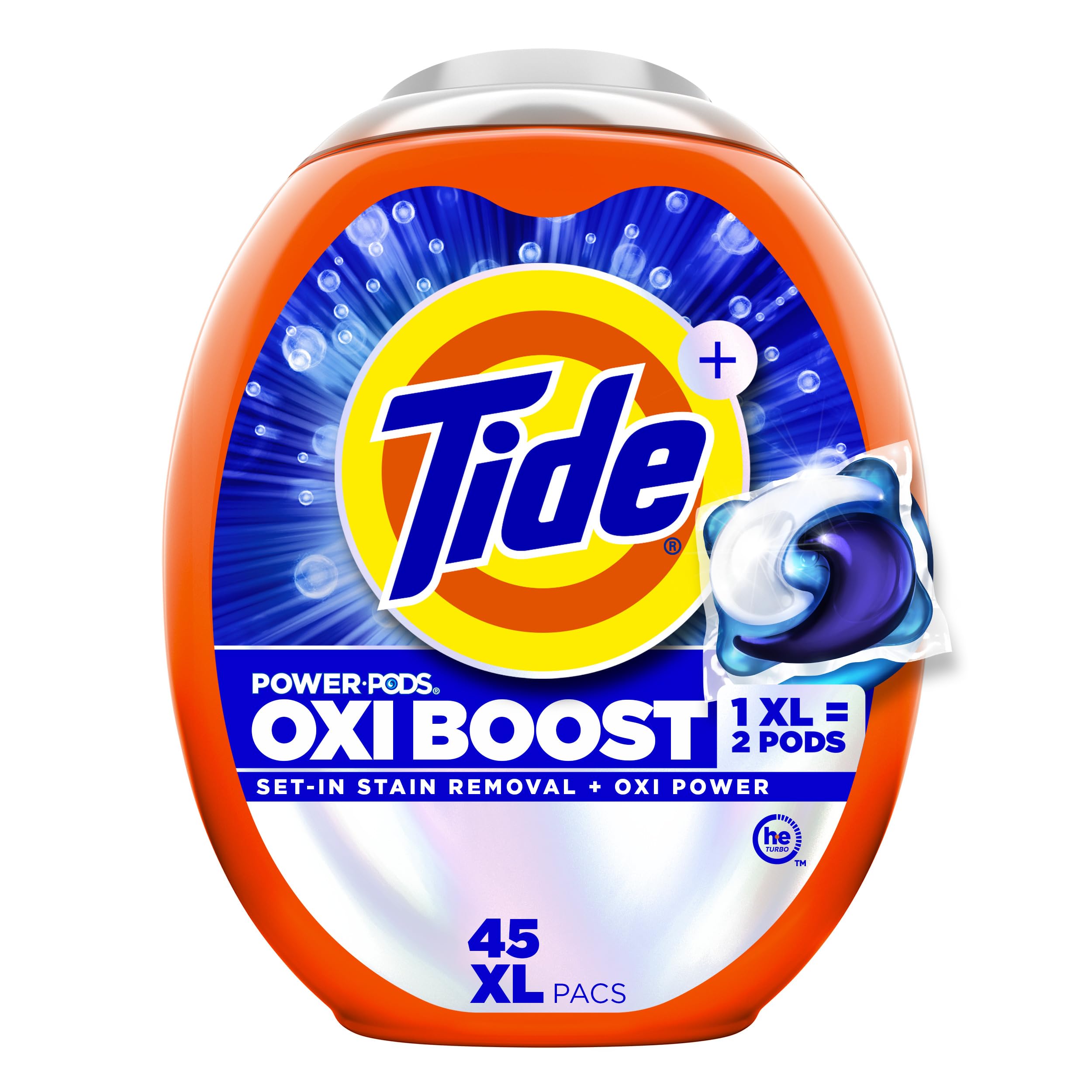 Tide Oxi Boost Power PODS Laundry Detergent Pacs, 45 Count, Set-In Stain Removal + Oxi Power, laundry soap detergent pacs
