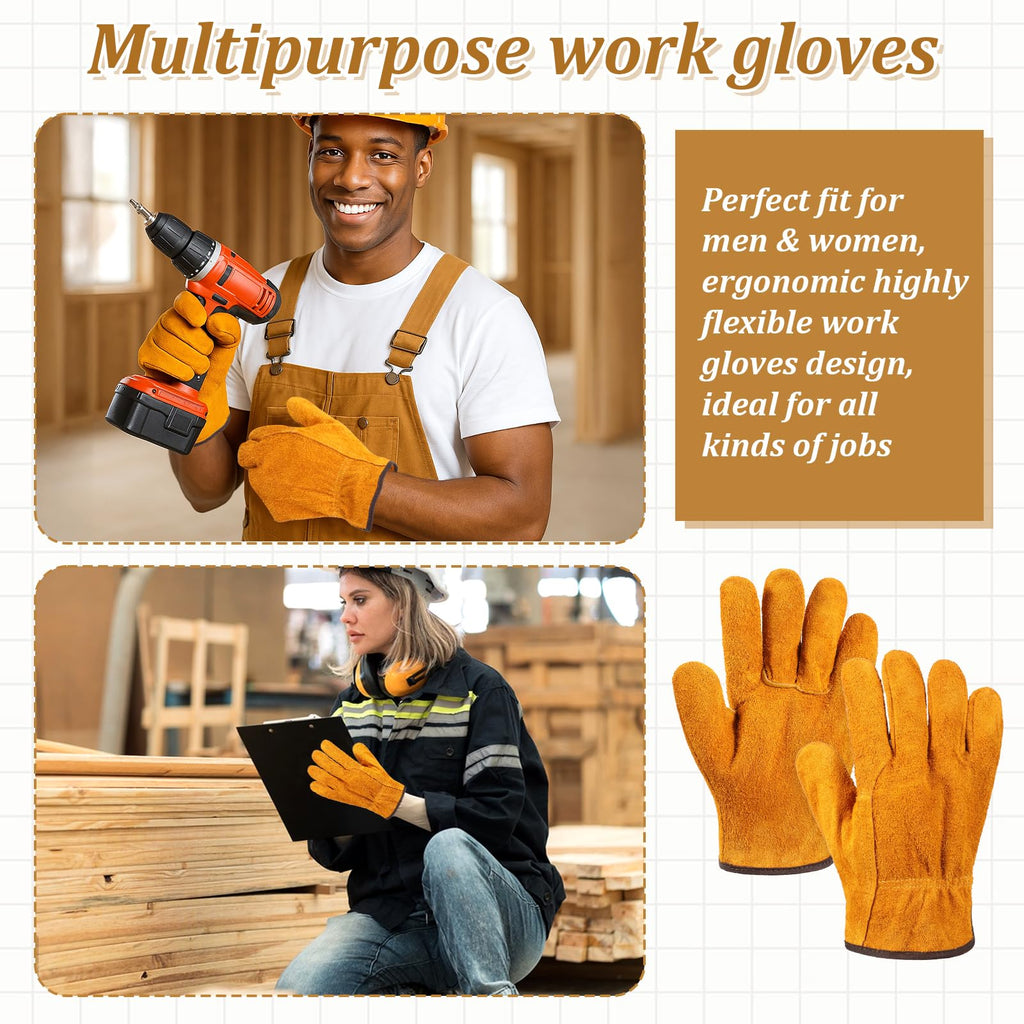 Bruislard 12 Pairs Leather Work Gloves for Men Women, Gardening, Construction, Wood Cutting, Driving, Automotive Repair