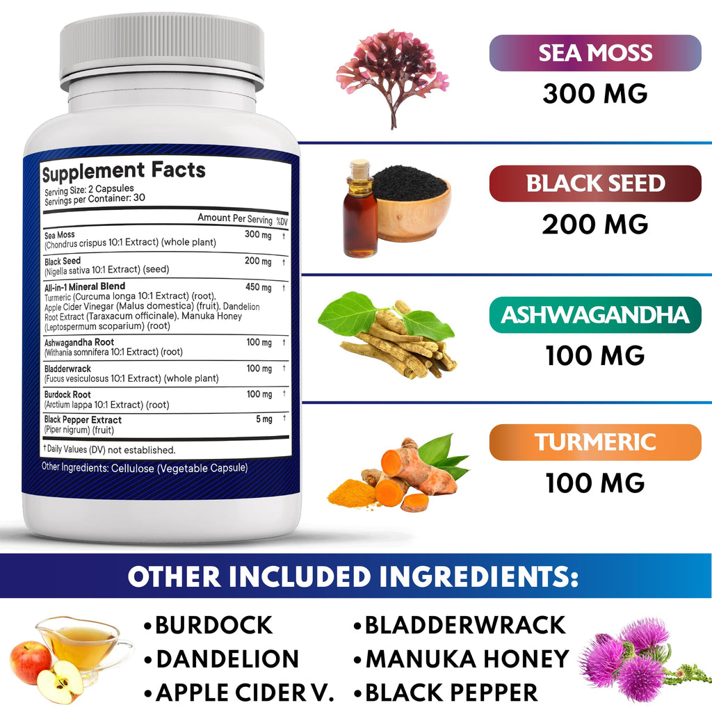NEW AGE Silica Sea Moss, Black Seed Oil, Ashwagandha, Turmeric, Bladderwrack, Burdock - with Manuka, Honey Dandelion, ACV Black Pepper Gluten Free