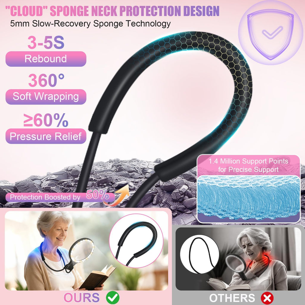 5.0 Upgraded Magnifying Glass Hand Free【12X German Ultra-HD Lens】【Cloud Sponge Neck Protection】 3 Smart Mode Light, All-Purpose Magnifying for Reading, Cross Stitch, Craft Seniors Use (Black)