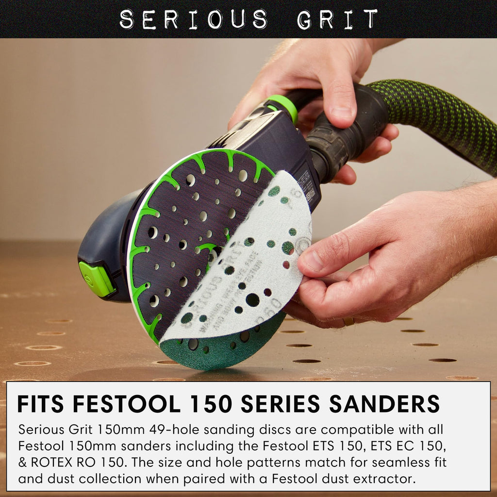Serious Grit - 6-Inch 49-Hole 220 Grit Sanding Discs - Heavy-Duty Hook & Loop Film Discs - Sandpaper for Random Orbital Sanders - 50 Pack Box