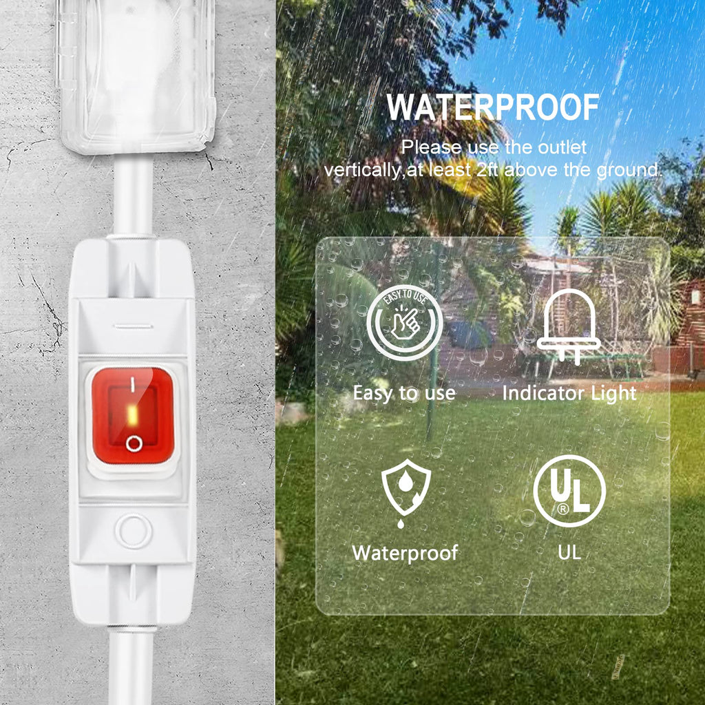 Outdoor Waterproof Extension Cord with Switch - 3 Prong, On/Off Switch with SJTW Extension Cord, Heavy Duty, 125v/250v (25 Ft, White)
