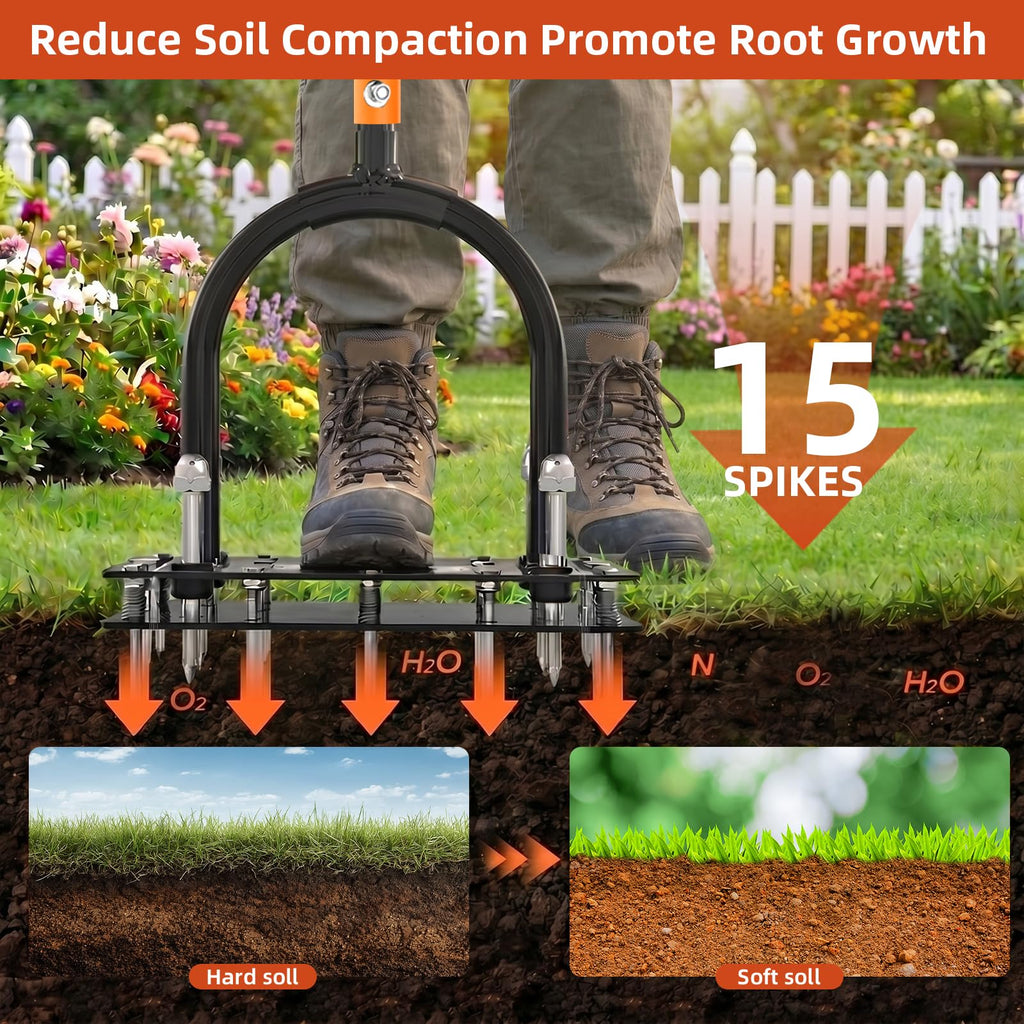 GAINO Manual Lawn Aerator Tool with 15 Spikes, 32"-35" Adjustable T-Handle Aerator for Lawn, Automatic Dirt Ejection Design, Heavy Duty Yard Grass Aerator for Soil Compaction, Black & Orange