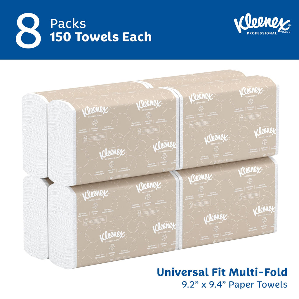 Kleenex Professional Universal Multifold Paper Towels, Bulk (02046), Absorbency Pockets, 9.2" x 9.4" Towel, White (150 Sheets/Pack, 8 Packs/Case, 1,200 Sheet Total)
