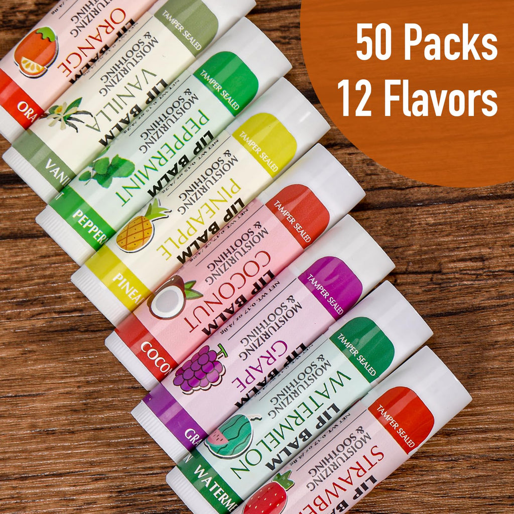 AZEN 50 Pack Lip Balm, Natural Lip Balm Bulk, Lip Care Product, Moisturizing Lip Balms for dry cracked lips, Valentines Gifts Easter Basket Stuffers - 12 Flavors