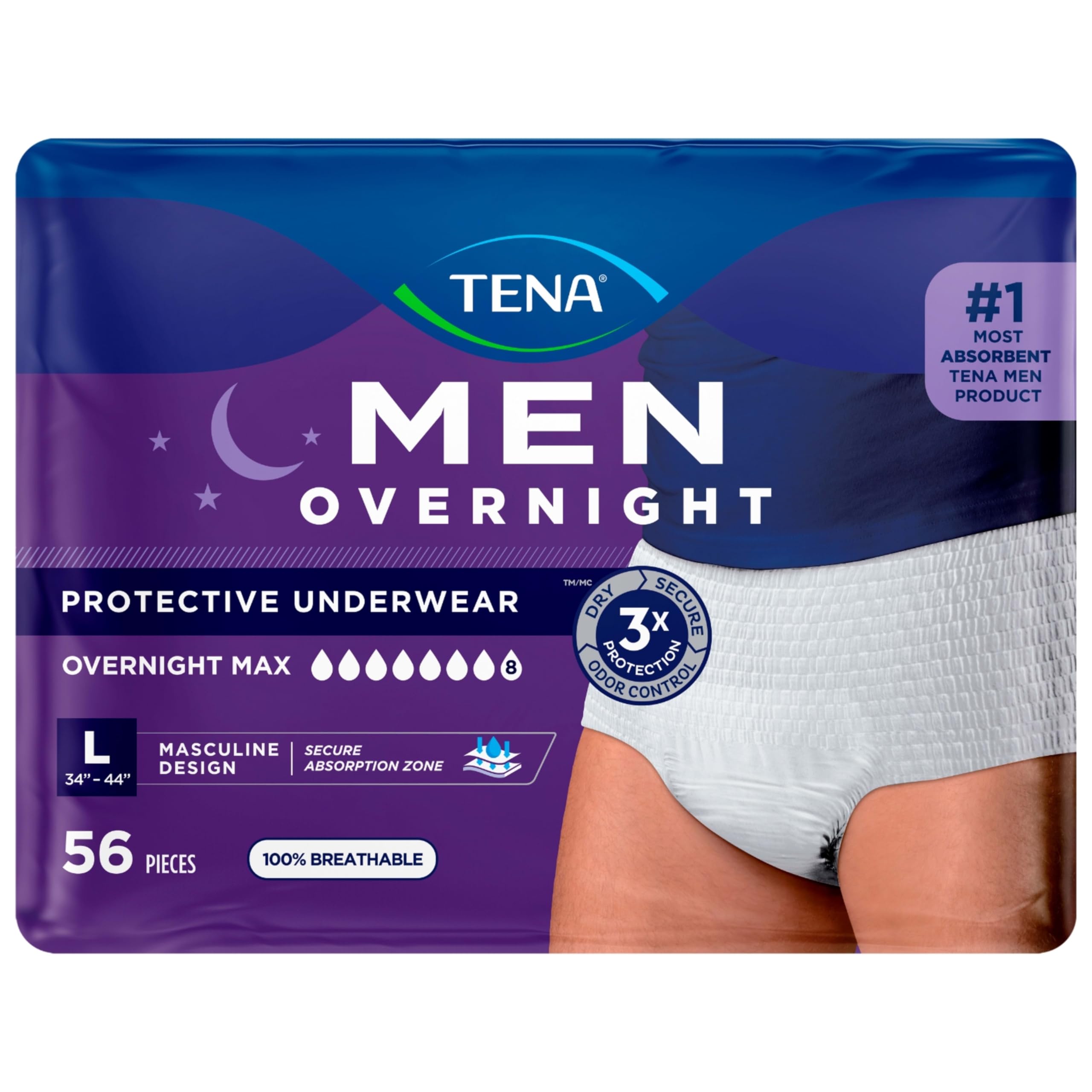 Tena Men Protective Incontinence Underwear Overnight Max Absorbency, L, 56 Count (Waist Size 34in-44in)