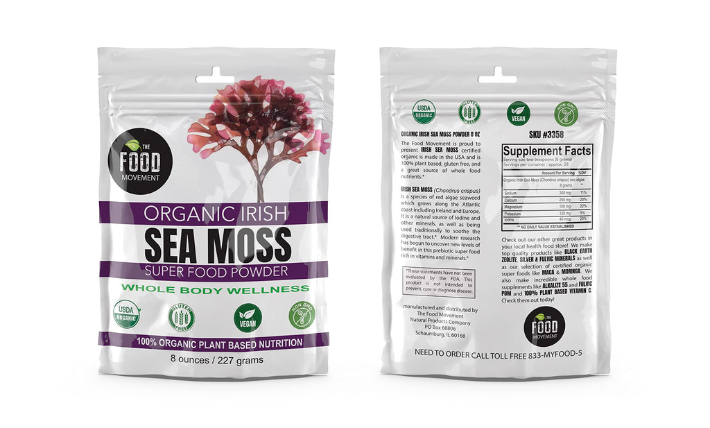 The Food Movement Co. Organic Raw Irish Sea Moss Powder - Mineral Dense Superfood for Cellular Health, Thyroid and Immune Support, Detox - Vegan and Kosher Algae Trace Minerals