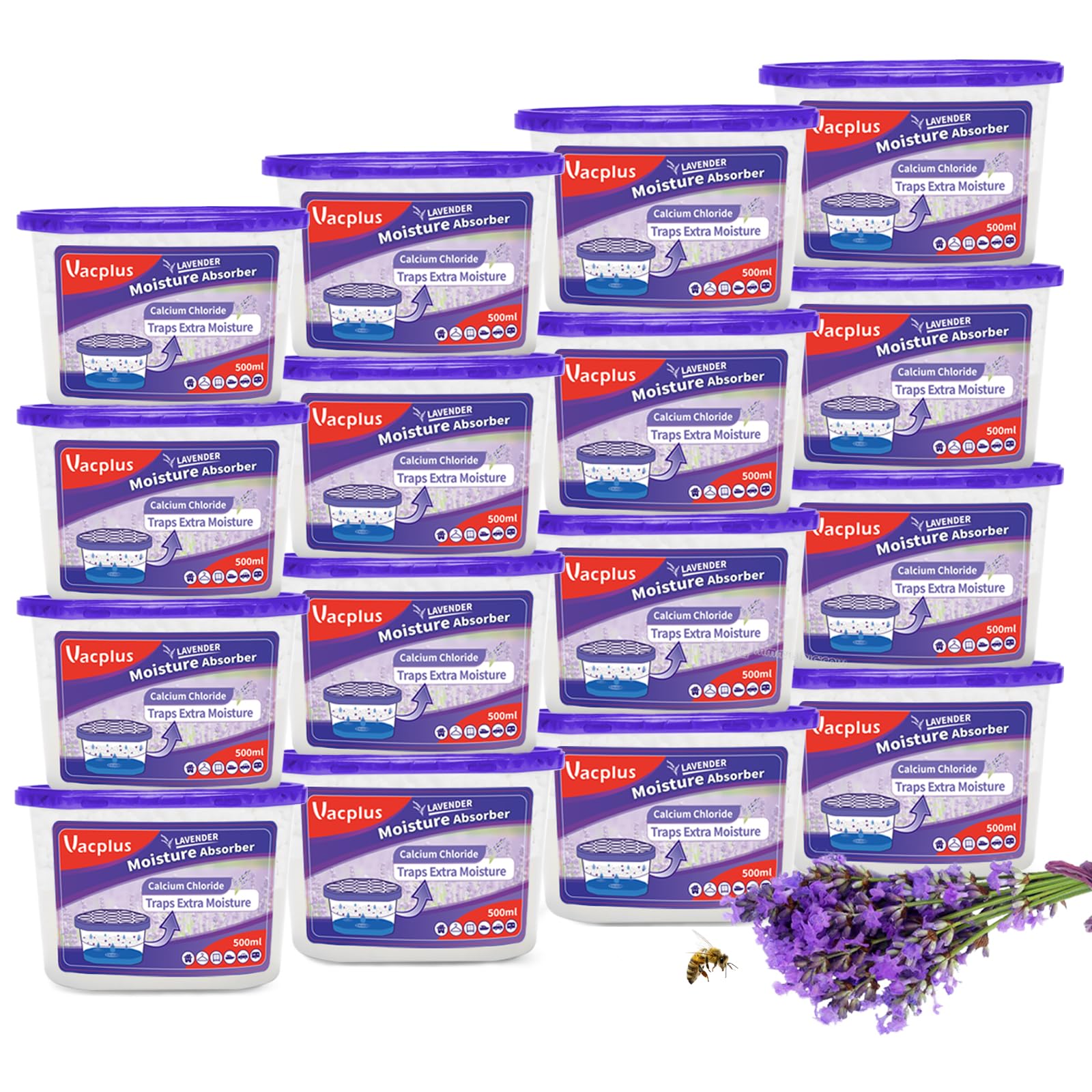 Vacplus Moisture Absorbers, 10.5 Oz Humidity Absorber Boxes Attracts Extra Moisture from Your Bathroom, Closet, Kitchen & Study, Dehumidifier, Odor Eliminator for Closet (Lavender Scent), 16 Packs