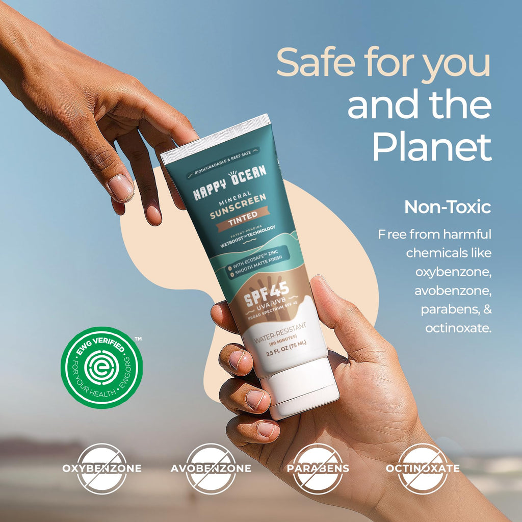 Happy Ocean SPF 45 Tinted Mineral Sunscreen with Non-Nano Zinc Oxide for Face and Body, Fragrance Free, Reef Safe Biodegradable Sunscreen, Tinted Mineral Moisturizer, Water Resistant, 2.5 Fl oz