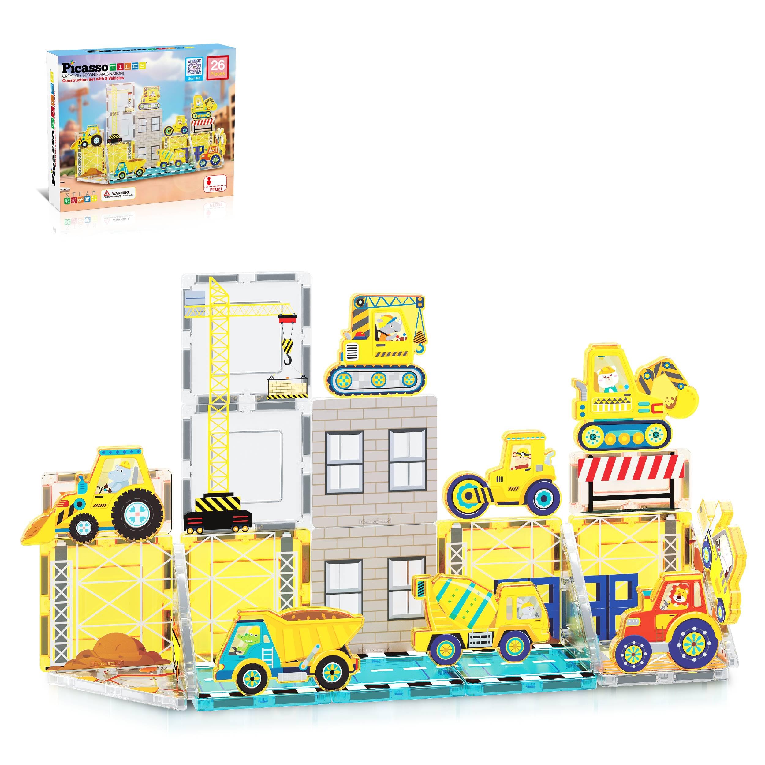 PicassoTiles Magnetic Tile Construction Set with 8 Vehicle Figures and 18 Printed Panels STEM Educational Building Kit for Kids Age 3 Plus Creative Play Learning Blocks Motor Skills Development PTQ21