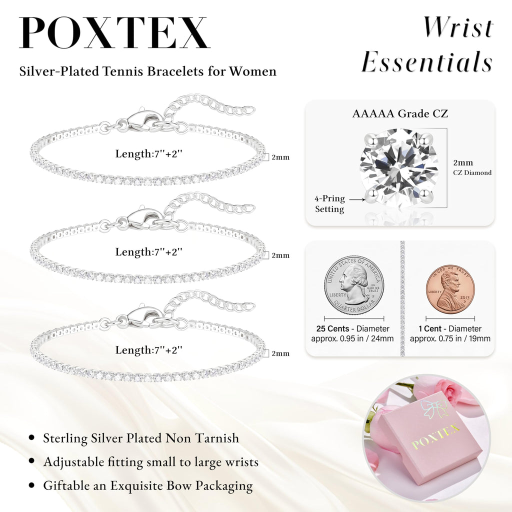 Dainty 2mm Silver Tennis Bracelet Set for Women, Sterling Silver Plated Triple Stackable Zirconia Bracelets, Minimalist Professional Jewelry for Business Casual Office Wear, 3-Piece Sparkle Wrist Set
